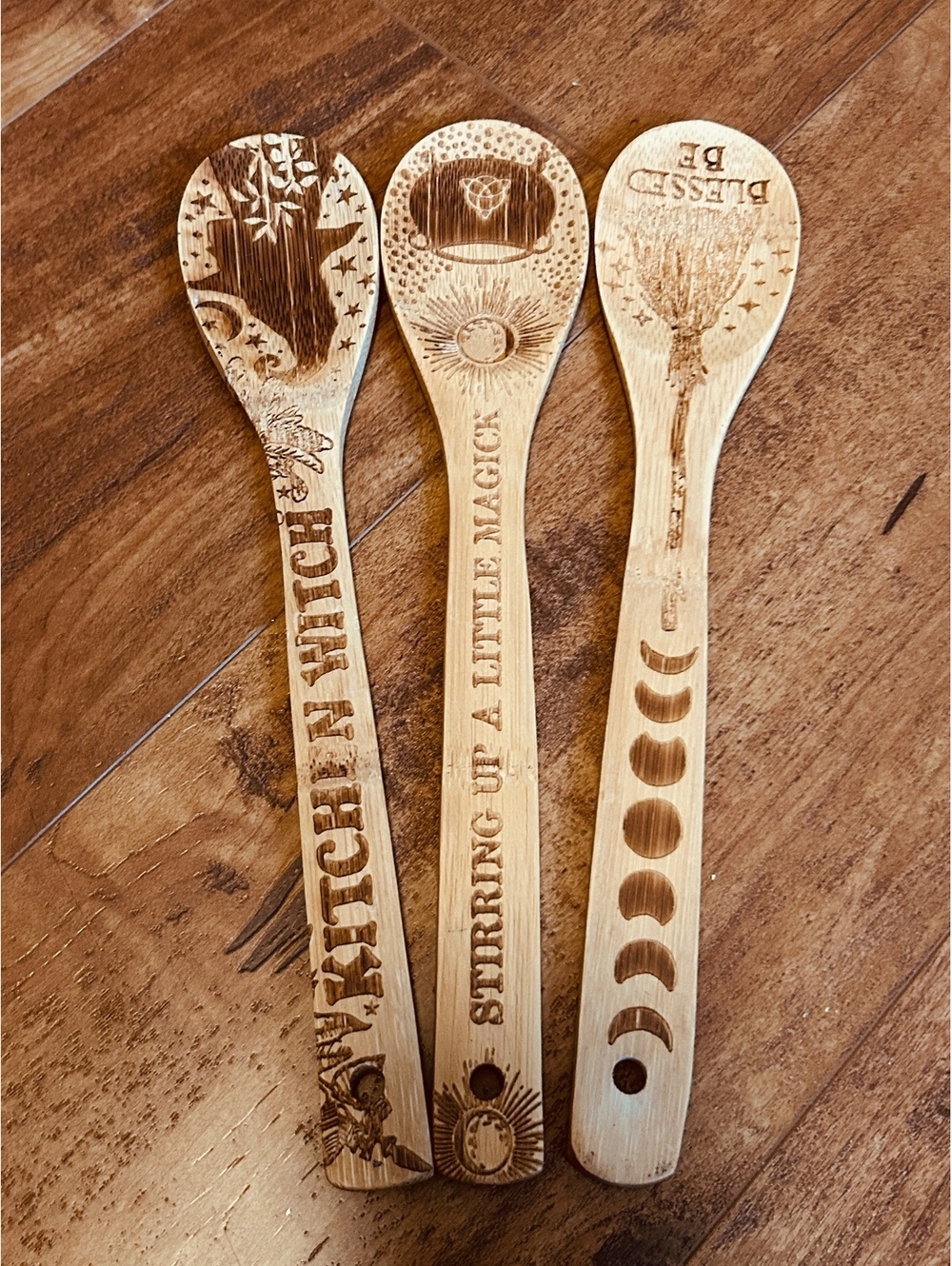 Set of 3 Wooden Witch-Themed Cooking Spoons with Engraved Magical Designs